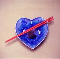 Cobalt Blue Crystal Heart Shaped Bowl Rosewood Chopsticks