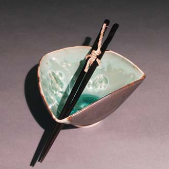 Turqouise Green Crystal triangular bowl with ebony chopsticks