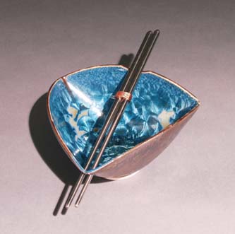 Green with Blue Crystals tri bowl w/stainless steel chopsticks