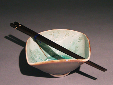 Turquoise Green Crystal Square Bowl with ebony chopsticks