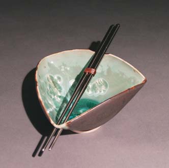 Turqouise green crystal tri bowl w/stainless chopsticks