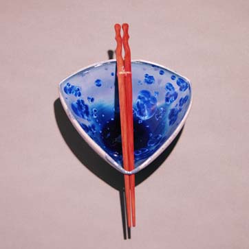 Cobalt Blue triangular shaped bowl with rosewood chopsticks