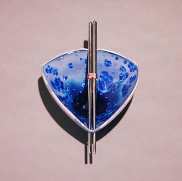 Cobalt Blue triangular shaped bowl w/stainless steel chopsticks