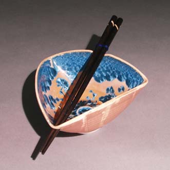 Orange-Tan with blue crystal Triangle bowl with ebony chopsticks
