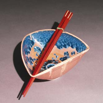 Orange-Tan with blue crystal Triangle bowl with inlay chopsticks