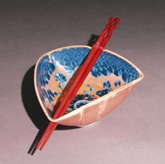 Orange-Tan with blue crystal Triangle bowl w/rosewood chopsticks
