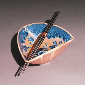Orange-Tan w/ blue crystal tri bowl w/stainless steel chopsticks