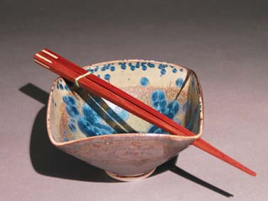 Green Glazed with Blue Crystals Square bowl- inlay chopsticks