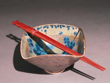 Green Glazed with Blue Crystals Square bowl- rosewood chopsticks