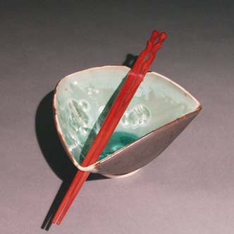 Turqouise Green Crystal triangular bowl with rosewood chopsticks