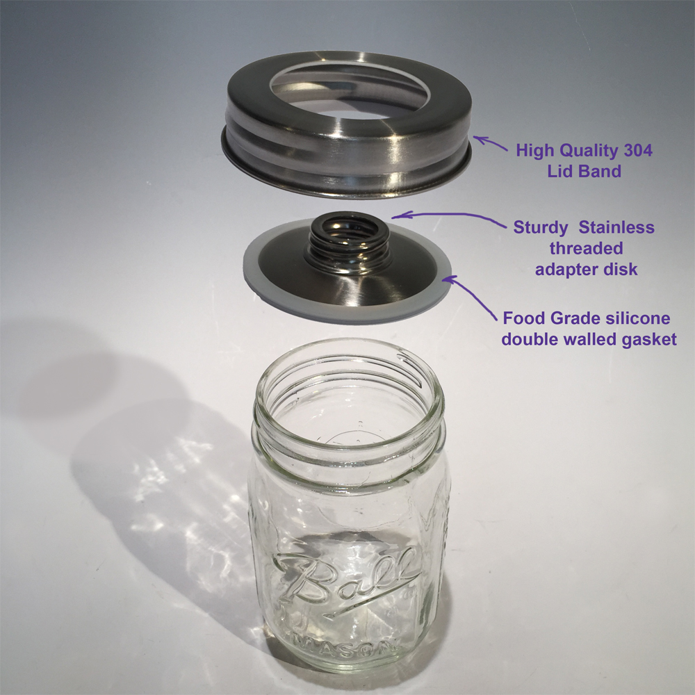 Three piece all stainless mason jar pump adapter