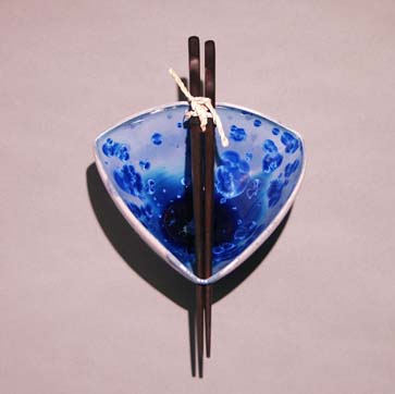 Cobalt Blue triangular shaped bowl with wave chopsticks