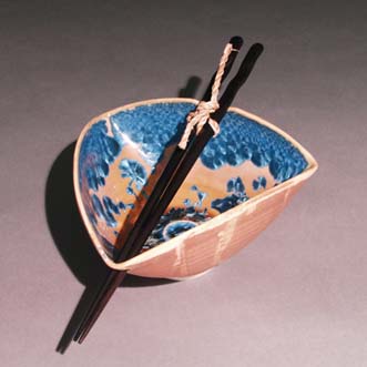 Orange-Tan with blue crystal Triangle bowl with wave chopsticks