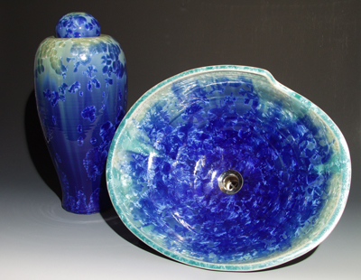 wave handmade custom sink in a fading glaze from turquoise to cobalt
blue front view